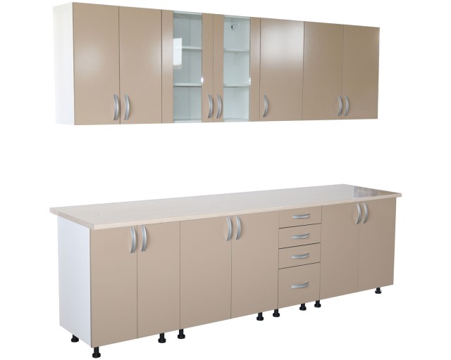 Bucatarie Zebra 260 cm din PAL Cappuccino cu blat termoizolant alb/gri
